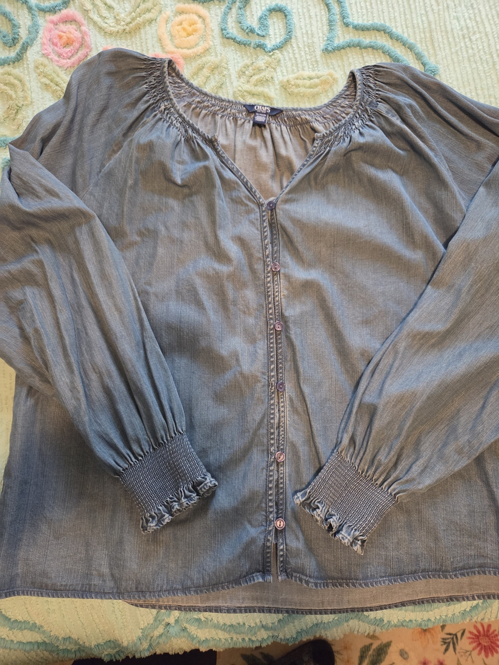 Chaps Blue Denim Button-Front Peasant Blouse